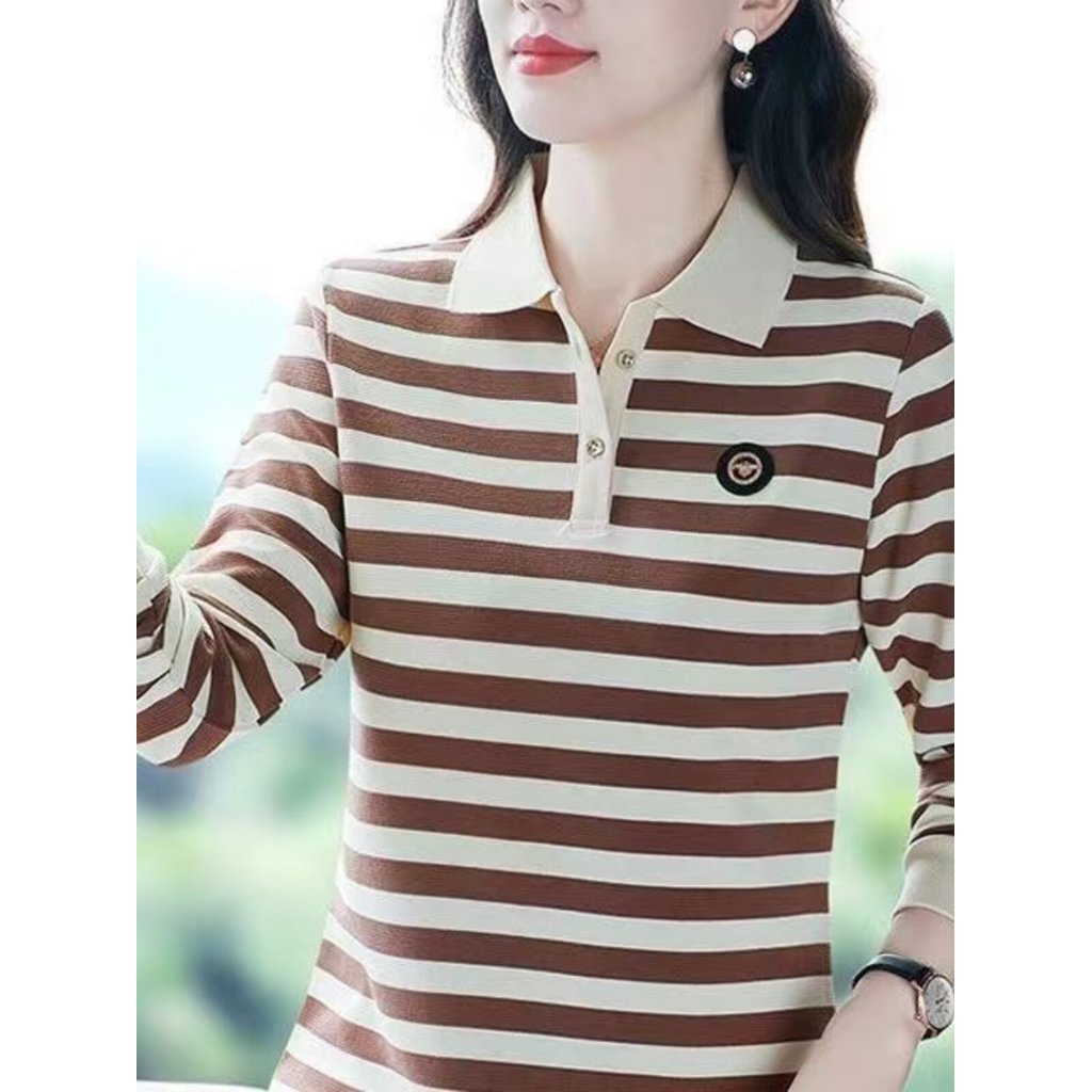 Camiseta listrada de manga comprida feminina lapela primavera outono camisa pequena mãe de meia-idade gola camisa de fun