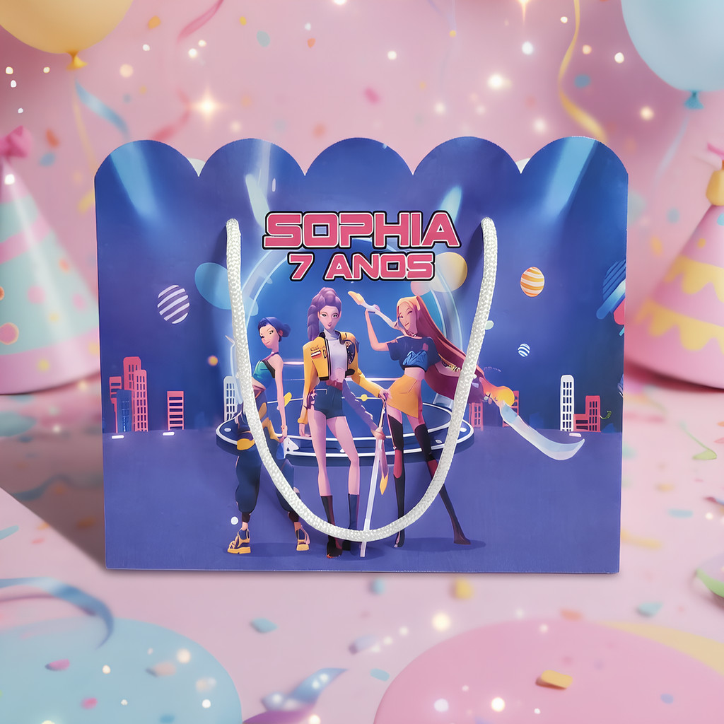 Kit Sacolinha Sacola Papelaria Personalizada Guerreiras do KPOP Sacolinha de Lembrancinha Caixinha para Festa