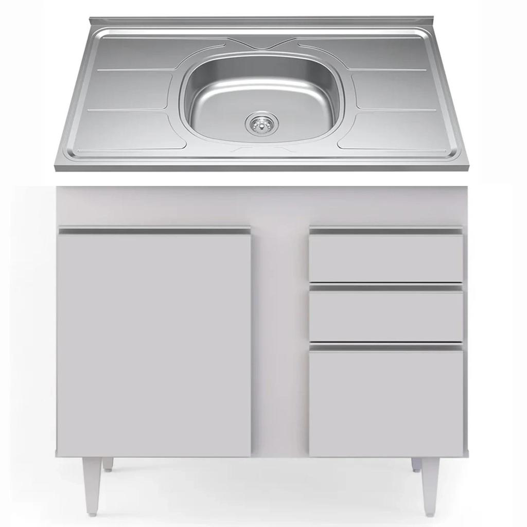 Balcão de Cozinha Com Pia Inox 100cm 2 Portas 2 Gavetas Luziania Branco - Lumil