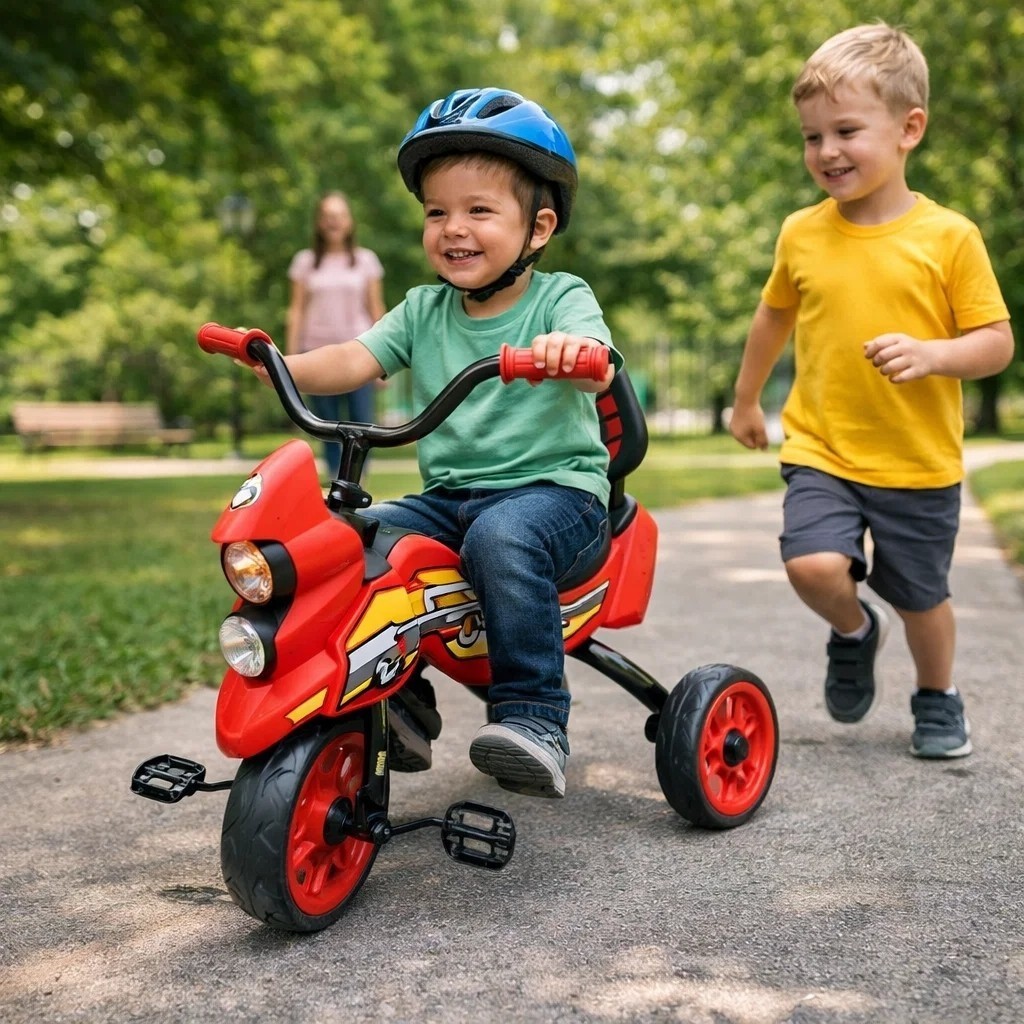 Triciclo Infantil Moto Vermelha Pedal Passeio Criança Rodas Largas Seguro