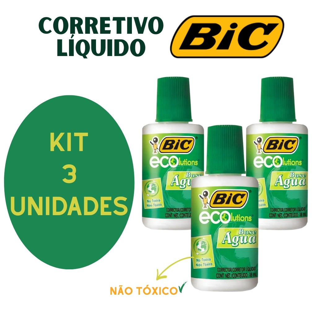 Corretivo Líquido Branco BIC 18 ml à Base de Água Kit 3 Unidades em Oferta na Shopee