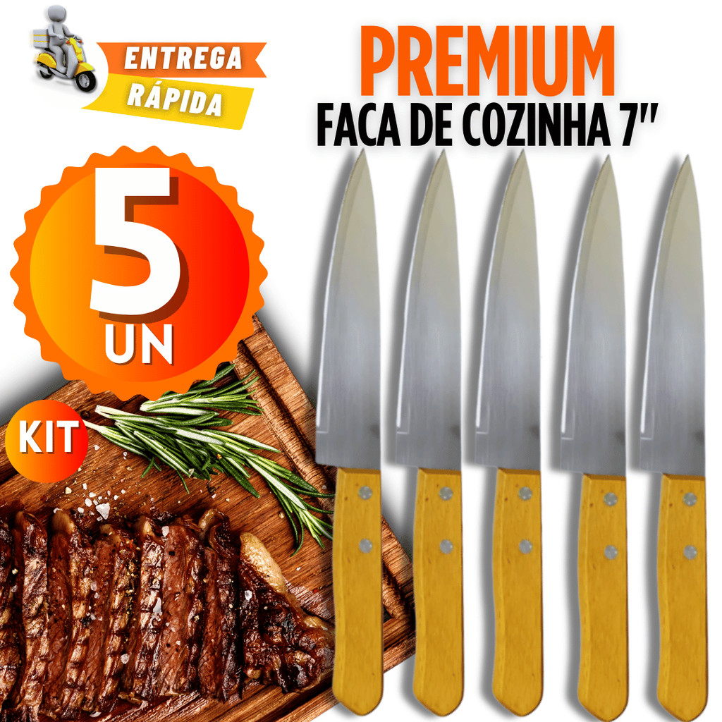 Kit 05/4/3/2 Faca De Cozinha Inox Profissional 7 Cabo Madeira 30,1CM - Excelente para sua Cozinha E Casa