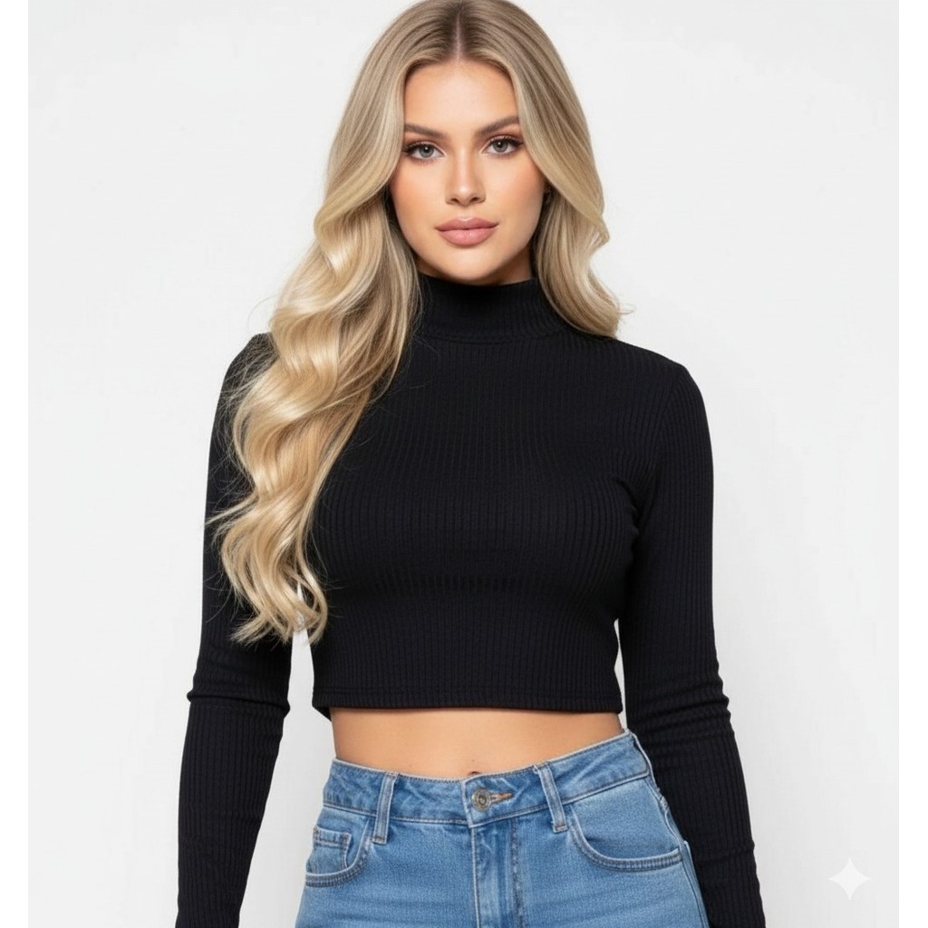 blusa cropped feminino canelado elastano gola alta manga longa top bem