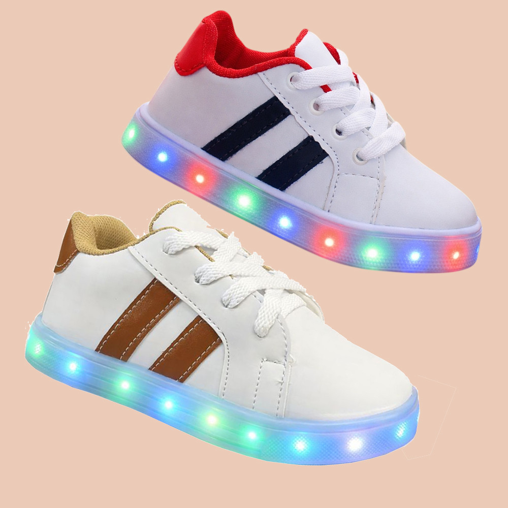 Kit Dois Tenis de Menino Infantil Criança Listrado Luzinha de Led Lançamento