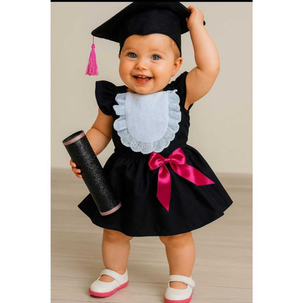 Romper Salopete vestido   Formatura fantasia  com Capelo e Canudo Infantil menina  Ensaio Fotográfico Mesversario