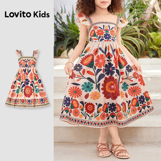 Lovito Kids Férias Vestido com Babados Praia Fofo Floral Primavera/verão para Menina L168LD175