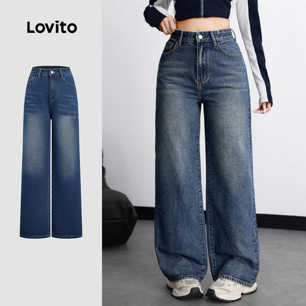 Lovito  Jeans Casuais com Zíper Botão e Bolso para Primavera/verão Jeans Azul para Mulheres L171ED248 em Oferta na Shopee