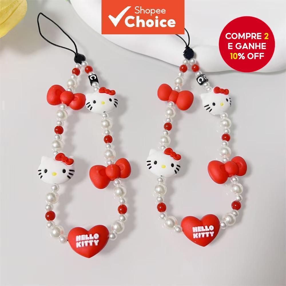 Pingente de Telefone Celular Silicone Gato Contas Pérola Acrílica Anti-Perda Pulseira Chaveiro Fofo para Meninas em Oferta na Shopee