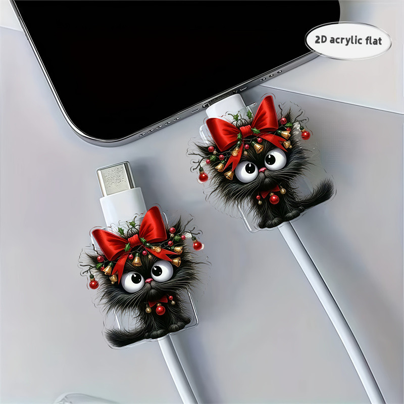 2D Plano 2 Peças Bonito Gato Preto E Arco Vermelho Design Acrílico Protetor De Cabo De Telefone Kit De Proteção De Linha