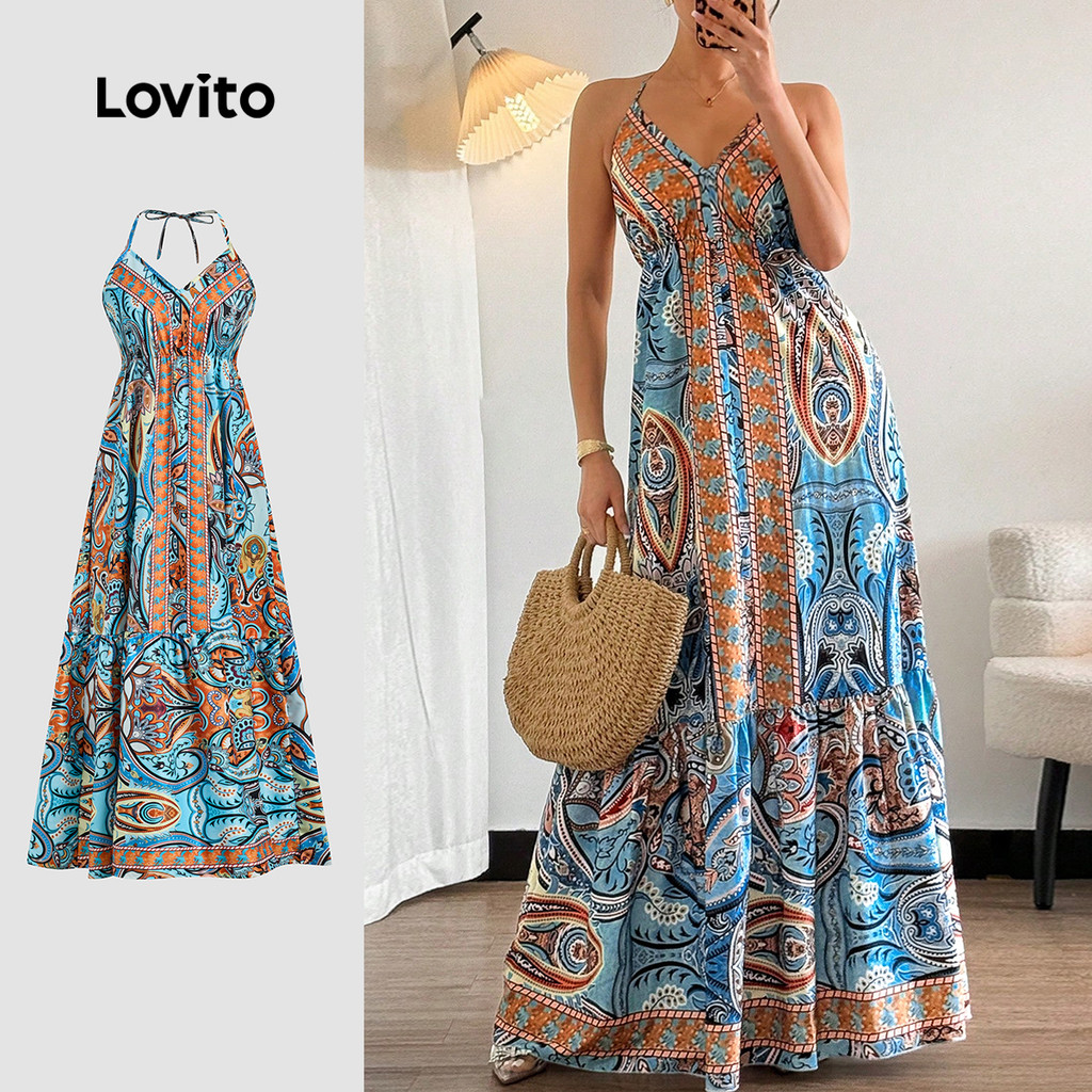 Lovito  Padrão de Vestido Boho com Zíper - Vestido para Mulheres Primavera/Verão LBL32333 em Oferta na Shopee