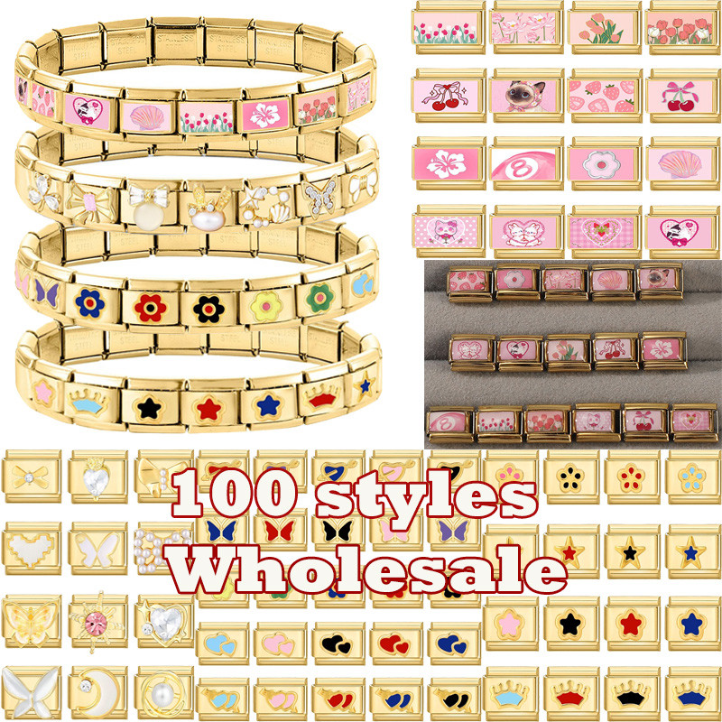 Y2K Design Rosa Adorável Gato Cães Arco Cereja Tulipa Dourado Italiano Charme Links 9mm Pulseiras Pulseira De Aço Inoxid