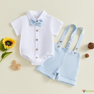 Conjunto Infantil De Verão Para Meninos , Manga Curta , Lapela , Gola , Gravata Borboleta , Macacão E Shorts Com Suspens em Oferta na Shopee