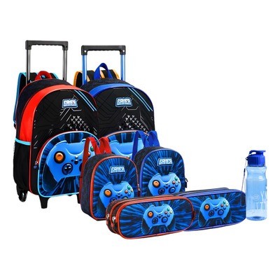 Kit Escolar Vídeo Gamer Completo - Mochila de Carrinho IN2631-RG + Lancheira + Estojo + Garrafinha