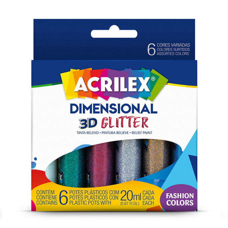 Tinta Dimensional Relevo 3D Glitter 6 cores 20ml 12206 Acrilex