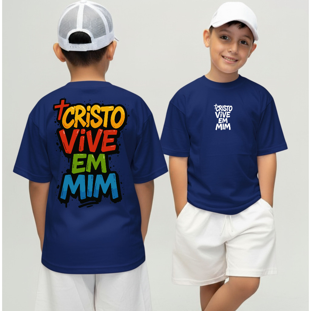 Camiseta Infantil Streetwear Malha 30.1 100% Algodão Camisa Juvenil Estilosa Cristo vive em mim Blusa Infantil Estampada