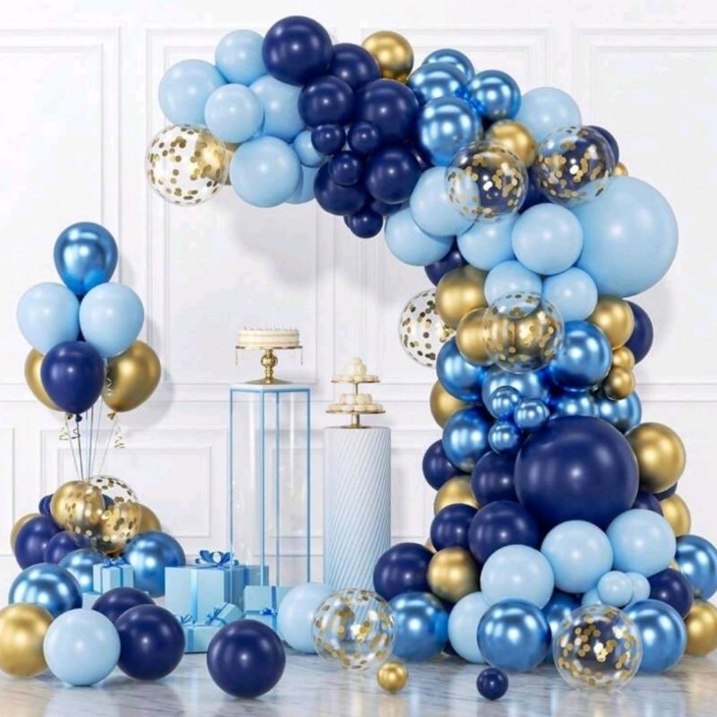 Kit 145 Balões Azul Metalizado Cromado com Dourado + Fita Arco Desconstruído Azulado Escuro Decoração Festa Aniversario em Oferta na Shopee