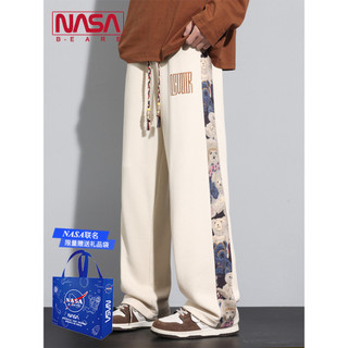 NASA Co-Branded Cartoon Bear Bordado Calças Retas Calças de Perna Larga Calças Masculinas Primavera Outono Casal Calças 