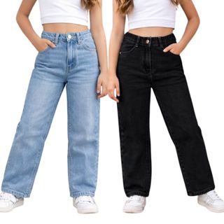 Calça Wede Leg  jeans menina infantil juvenila lazer escola casua moda premium 08 a 16 anos em Oferta na Shopee