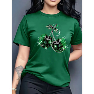 Camiseta Feminina Estampada Cereja Brilhante Confortável Algodão Moda Atual em Oferta na Shopee