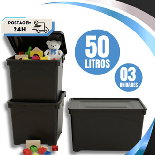Kit 03 Caixa Organizadora Preta 50 Litros Resistente Com Travas em Oferta na Shopee
