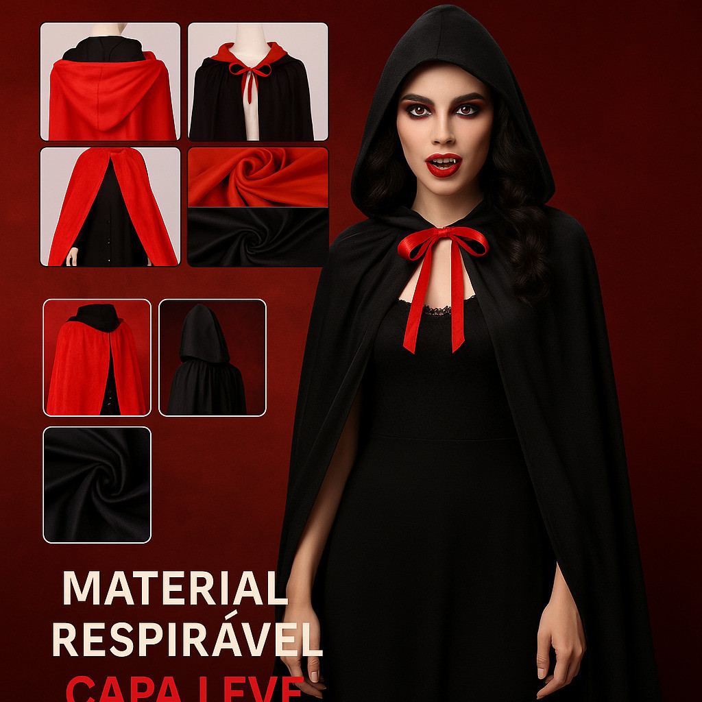 Fantasia Capa Bruxa Vampira Dupla Face Adulto Halloween Drácula Bruxo Carnaval Com Capuz  Preta e Vermelha