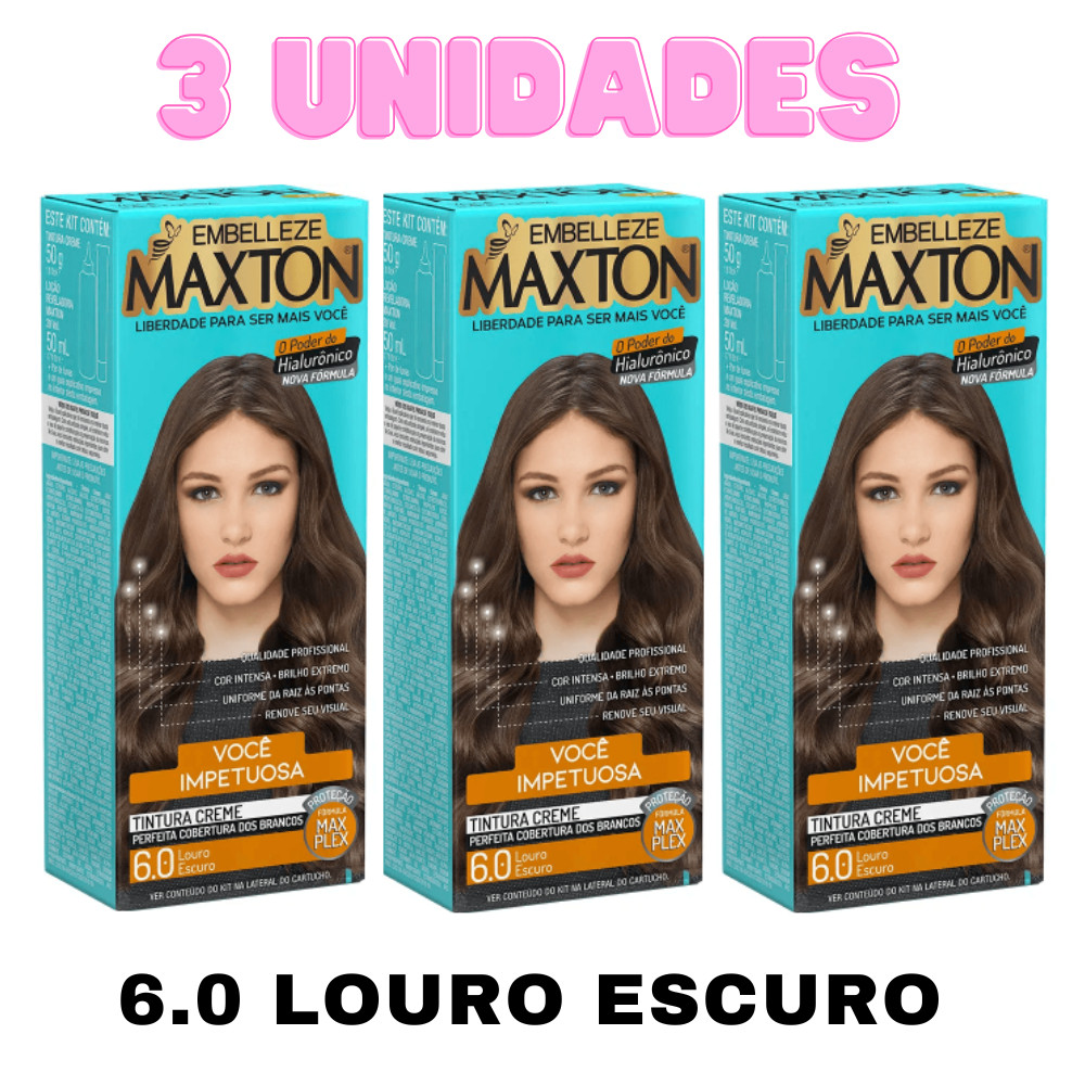 KIT C/ 2 OU 3 TINTURA EM CREME MAXTON EMBELLEZE 6.0 LOURO ESCURO- COBERTURA DOS BRANCOS