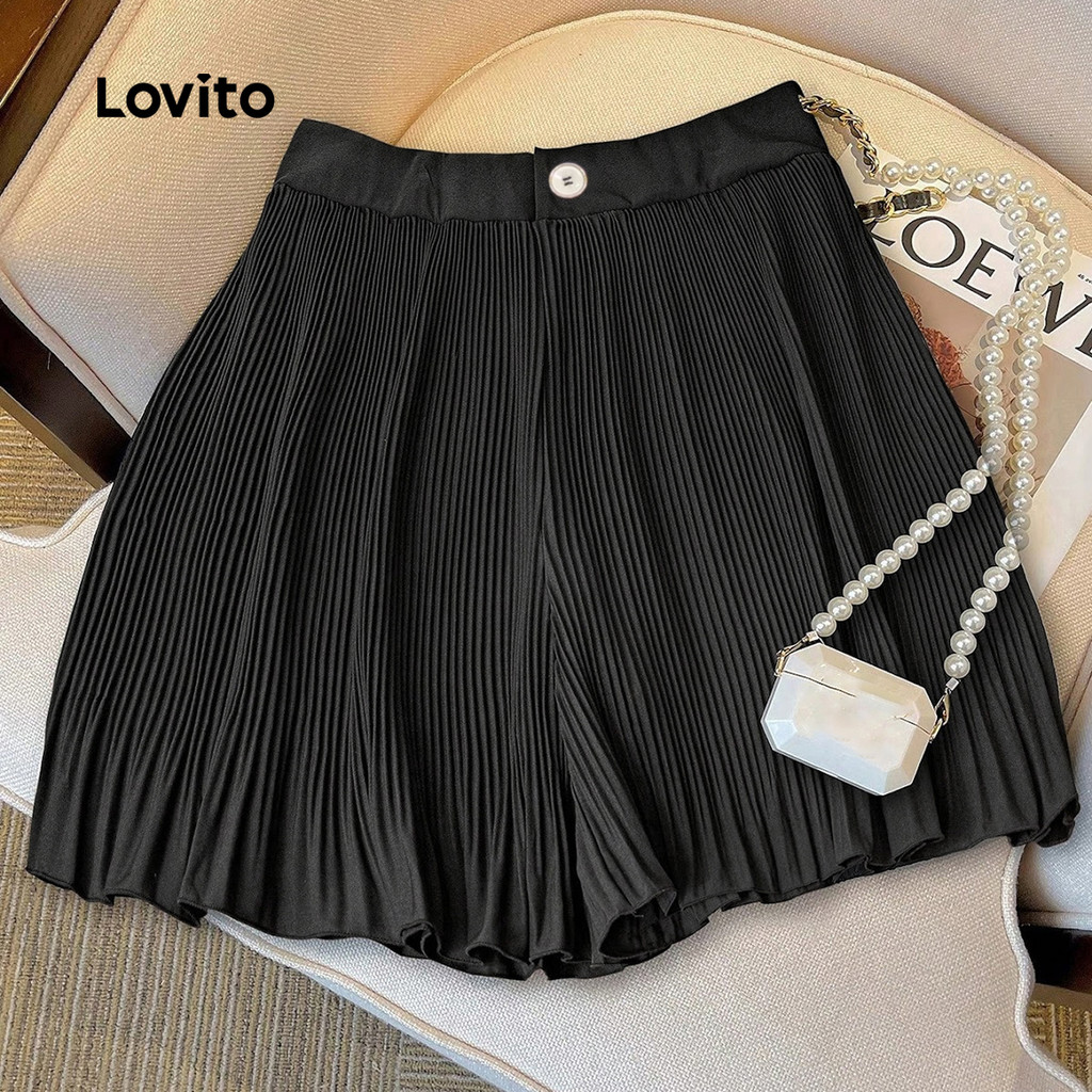 Lovito Shorts Casuais com Botão para Primavera/verão Shorts Pretos para mulheres L144AD052 em Oferta na Shopee