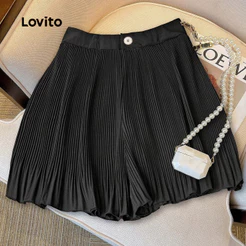 Lovito Plissado Casual Shorts com Botão para Primavera/verão Shorts Pretos para mulheres L144AD052
