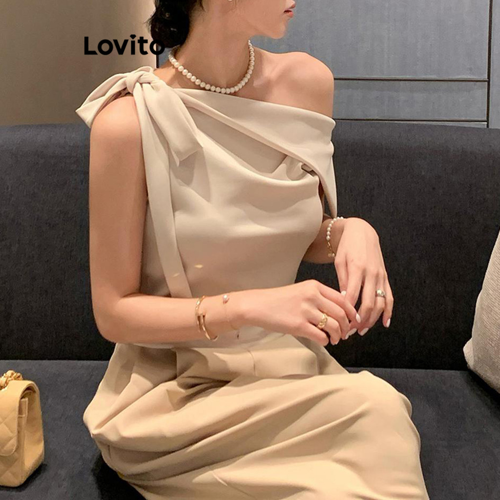 Lovito Regata Casual Lisa Ombro Frio Regata Assimétrica Para Mulheres LNM64131 em Oferta na Shopee