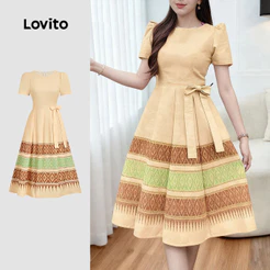 Lovito Casual Vestido Amarrado Primavera/verão Amarelo para Mulheres LK2LD435