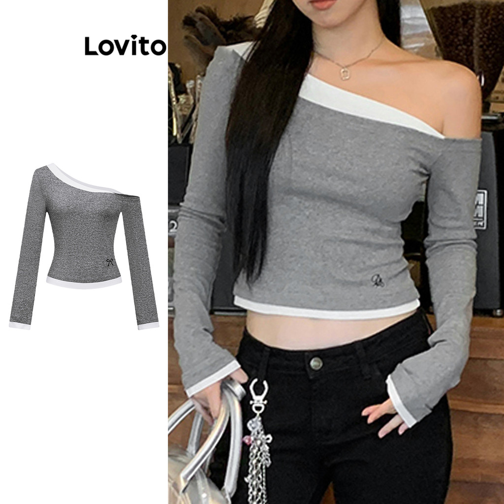 Lovito Camiseta Casual Lisa Falsa 2 Em 1 Camiseta De Ombro Frio Para Mulheres LAD106791
