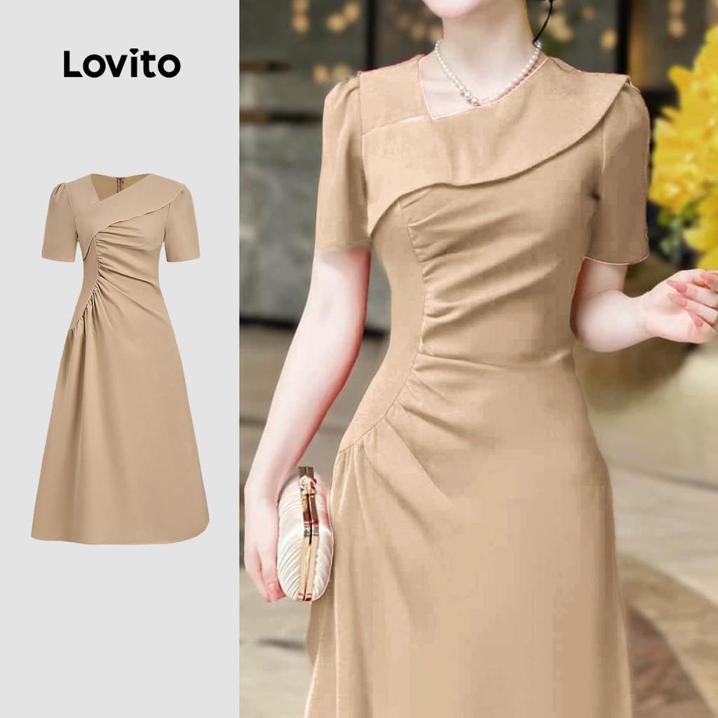 Lovito  Vestido Elegante com Pregas Estrutura Linha Comute Primavera/verão Khaki para Mulheres L178ED2156 em Oferta na Shopee