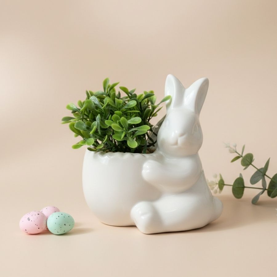 Vaso Decorativo Páscoa de Porcelana - Coelho com Planta Artificial - Branco - 10,5x10cm - 1 unidade - Rizzo em Oferta na Shopee
