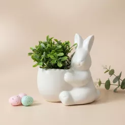 Vaso Decorativo Páscoa de Porcelana - Coelho com Planta Artificial - Branco - 10,5x10cm - 1 unidade - Rizzo