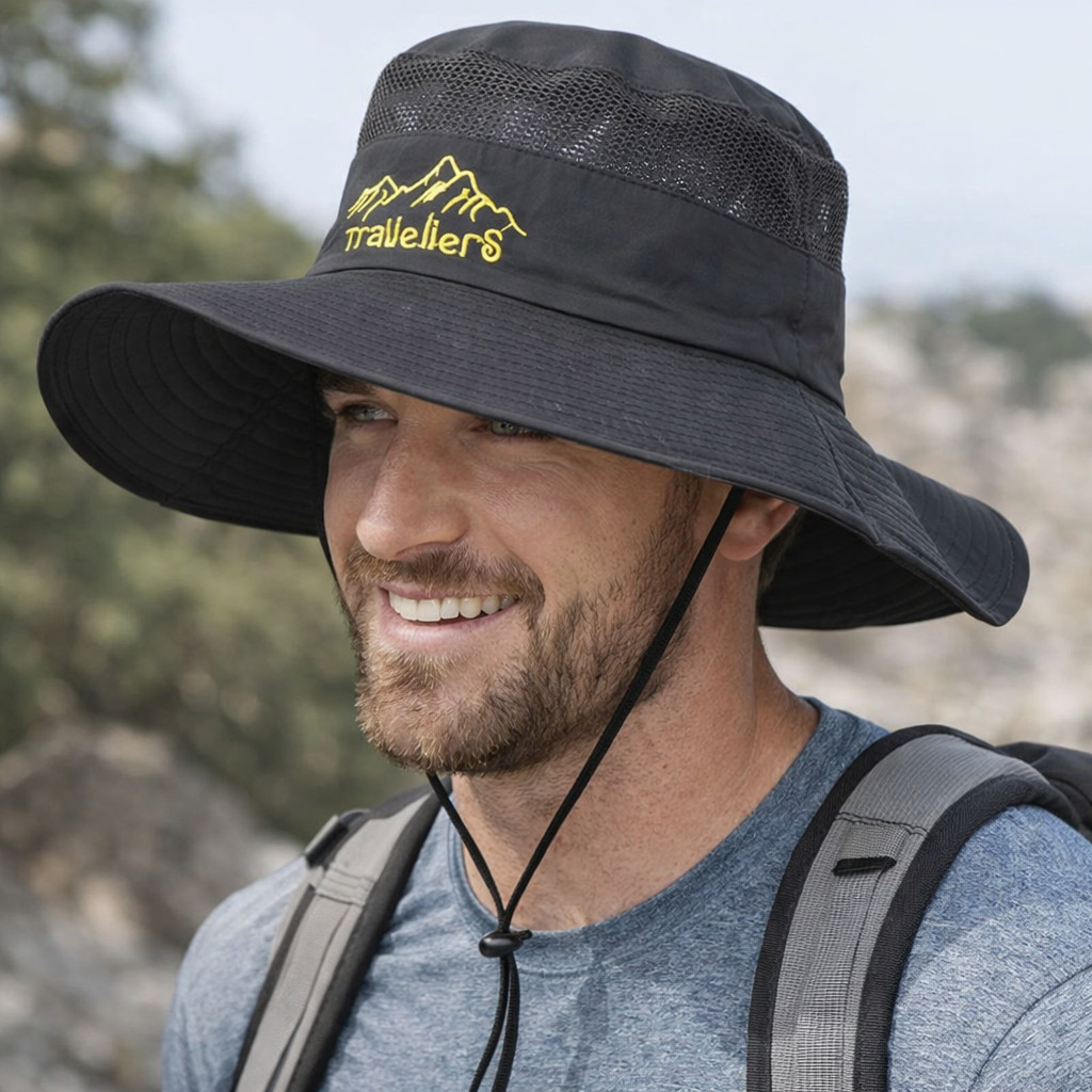 Chapéu Masculino Outdoor Aba Larga Respirável com Proteção UV Ideal para Trilha Pesca e Camping em Oferta na Shopee