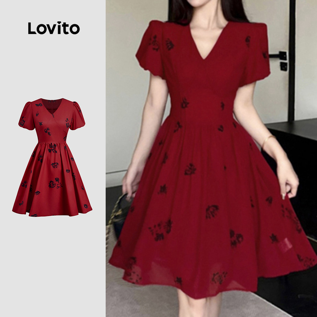 Lovito Vestido Elegante com Flores Primavera/verão Vermelho para Mulheres L158ED1059 em Oferta na Shopee