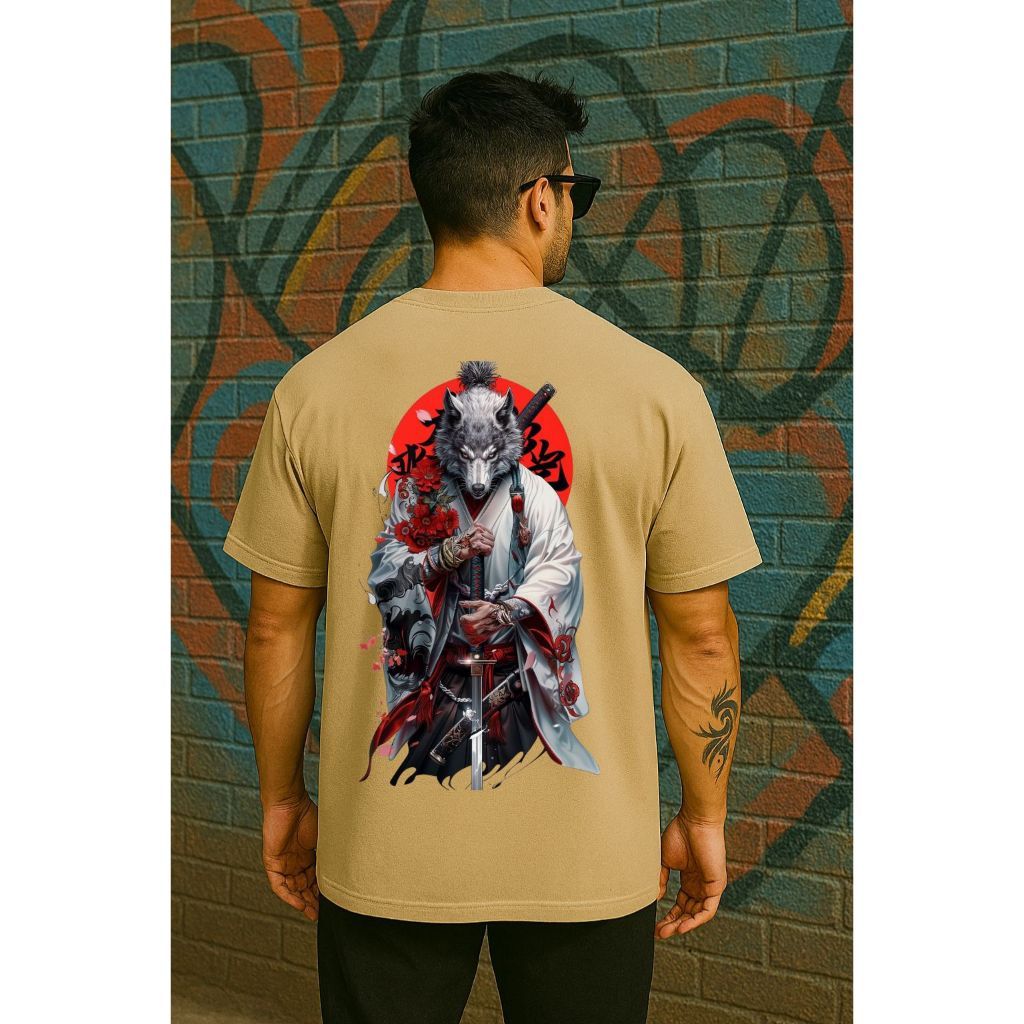 Camiseta Oversized Estampada Streetwear Curta Versátil Lobo Guerreiro