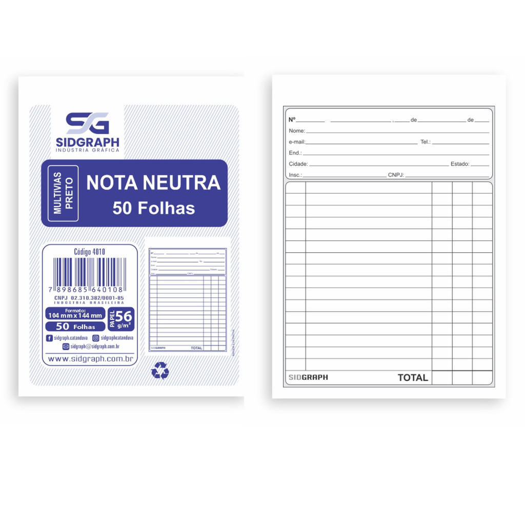 Kit 20 Blocos Nota Neutra Multivias 10,4x14,4cm 1 Via 50 Folhas Sidgraph