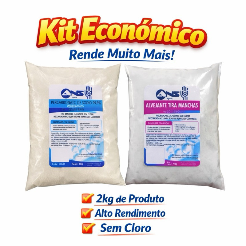 Kit Econômico Alvejante Tira Manchas Sem Cloro - Percarbonato de sódio 99,9%