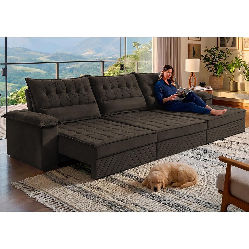 Sofá Retrátil e Reclinável 4,20m com Molas e Espuma D33 Thunder Velusoft Café Cama inBox