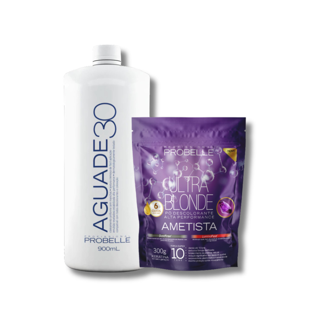 kit Pó Descolorante Ametista Ultra Blonde 300g Probelle + Agua oxigenada cremosa 30 vol 900ML Probelle probelle em Oferta na Shopee