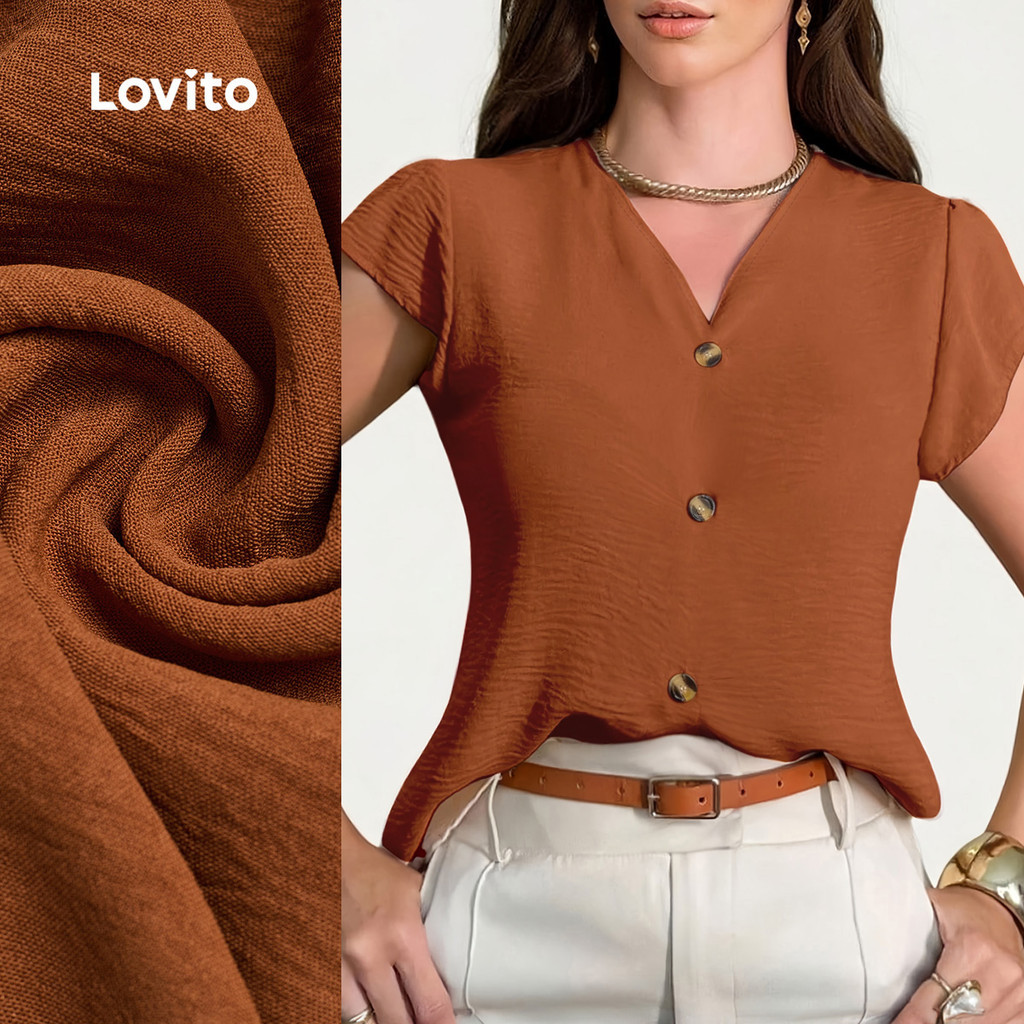 Lovito Blusa Casual Botão Frontal Primavera/verão Blusa Laranja para mulheres LBL31124