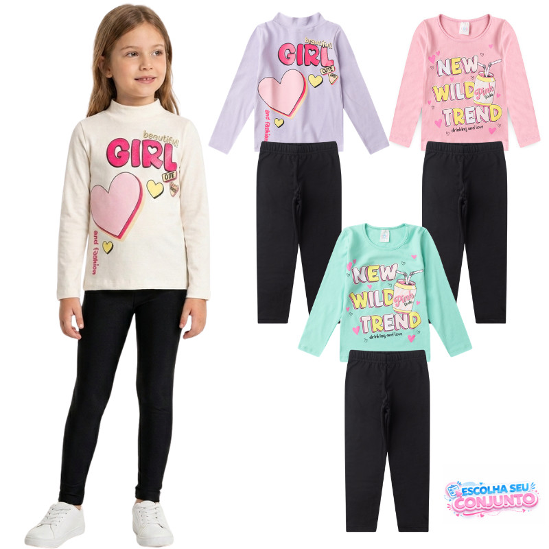 Conjunto Infantil Feminino Menina Meia Estação Blusa Manga Longa Estampada Calça Legging Suplex 4 ao 10 anos