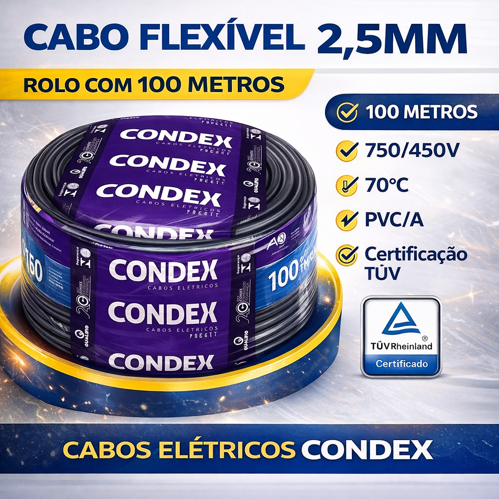 fio Cabo Flexivel 2,5mm Condex Anti-chamas Primeira Linha 750v pvc rolo 100 metros   Suporta até 70ºC de temperatura