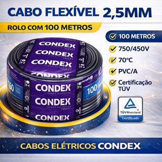 fio Cabo Flexivel 2,5mm Condex Anti-chamas Primeira Linha 750v pvc rolo 100 metros   Suporta até 70ºC de temperatura em Oferta na Shopee