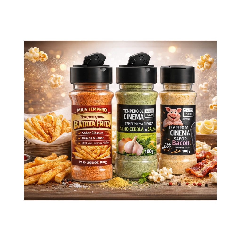 Kit Temperos Gourmet Pipoca + Batata Frita 3 Sabores - 100g