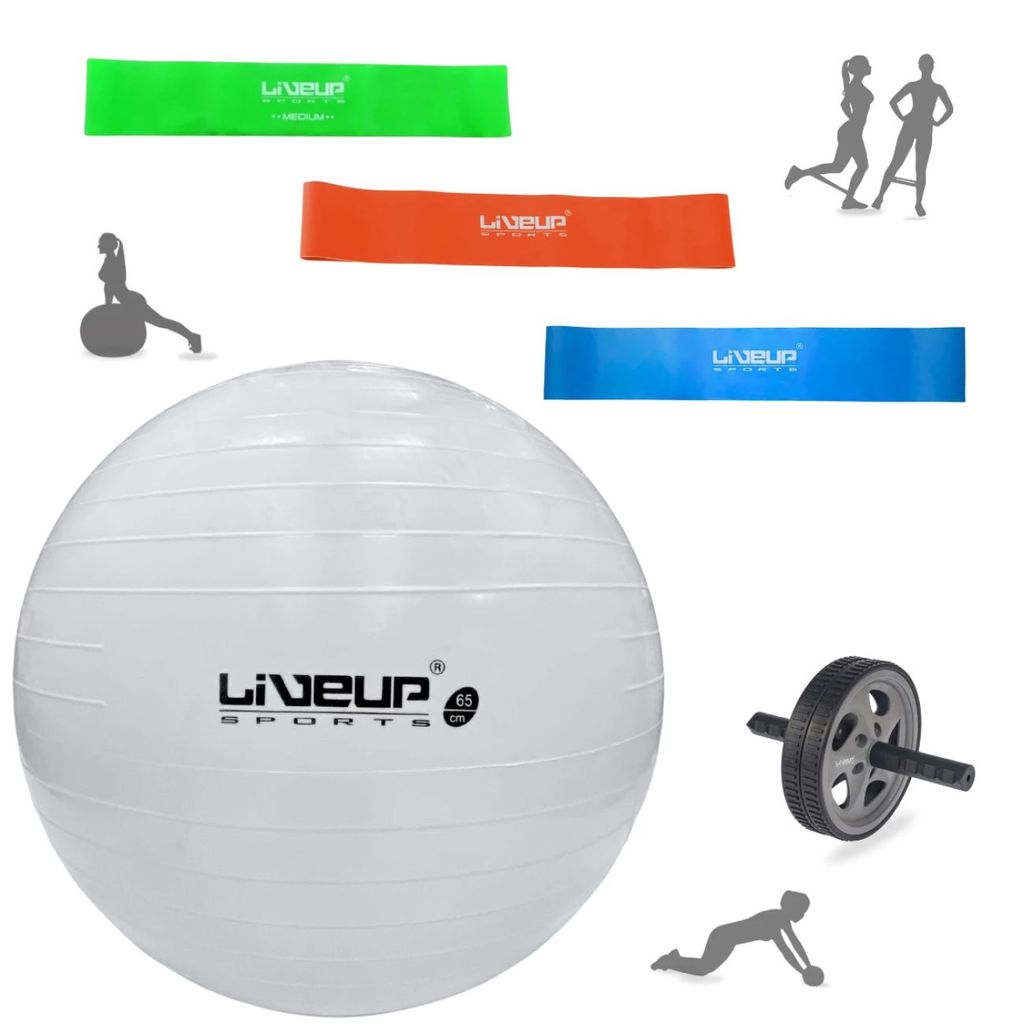 Kit Bola Suíça Pilates Branca 65 Cm + Rodinha Abdominal + Mini Bands Três Tensões Academia Ginastica