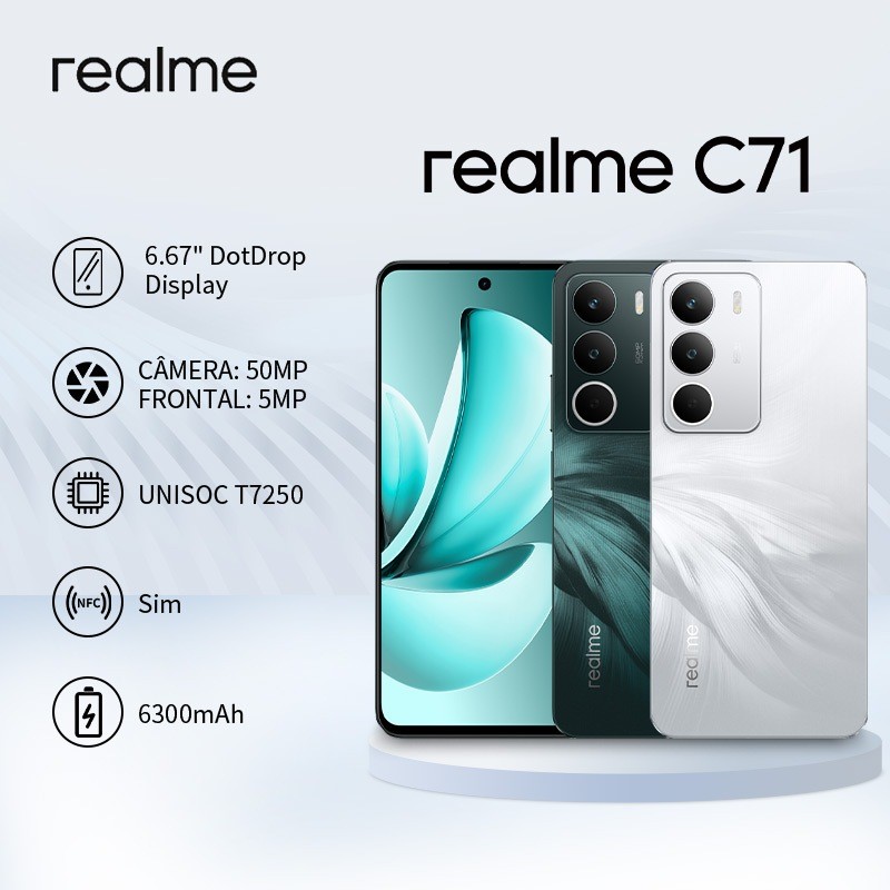 Celular Realme C71 5G Smartphone 8GB + 256GB Global versão NFC 50MP 5000 mAh Android 15 barato novo