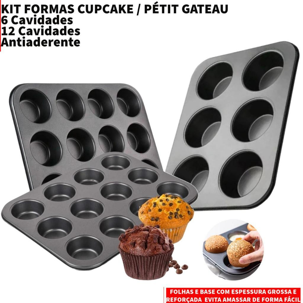 Forma Cupcake 12 e 6 Cavidades Antiaderente Teflon Pão de Queijo Empada Muffins Assadeira