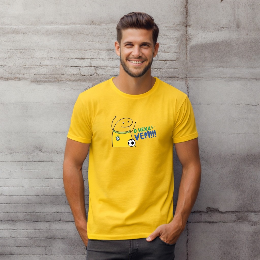 Camiseta Masculina Estampada Brasil Copa do Mundo Futebol O Hexa Vem Brasileiro Flork 100% Algodão